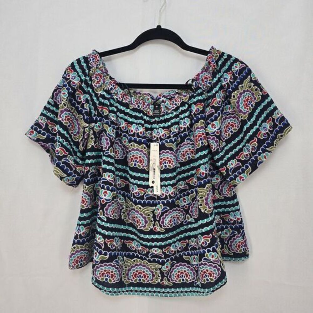 AQUA Womens Navy Floral Embroidered Off-The-Shoulder‎ Blouse Top Size Medium NEW